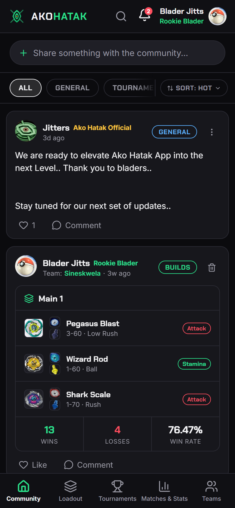 The Community feed showing an announcement post and a Builds post with real bey part photos and win-rate stats