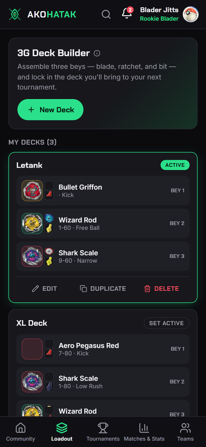 The Loadout tab — 3G Deck Builder with an active deck showing three beys with real part photos