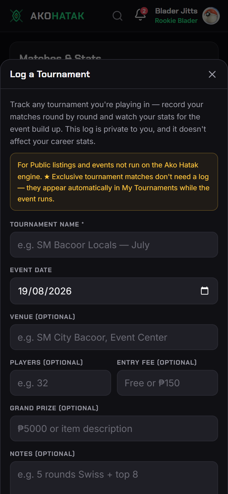 The Log a Tournament form — event name, date, venue, players, entry fee, grand prize