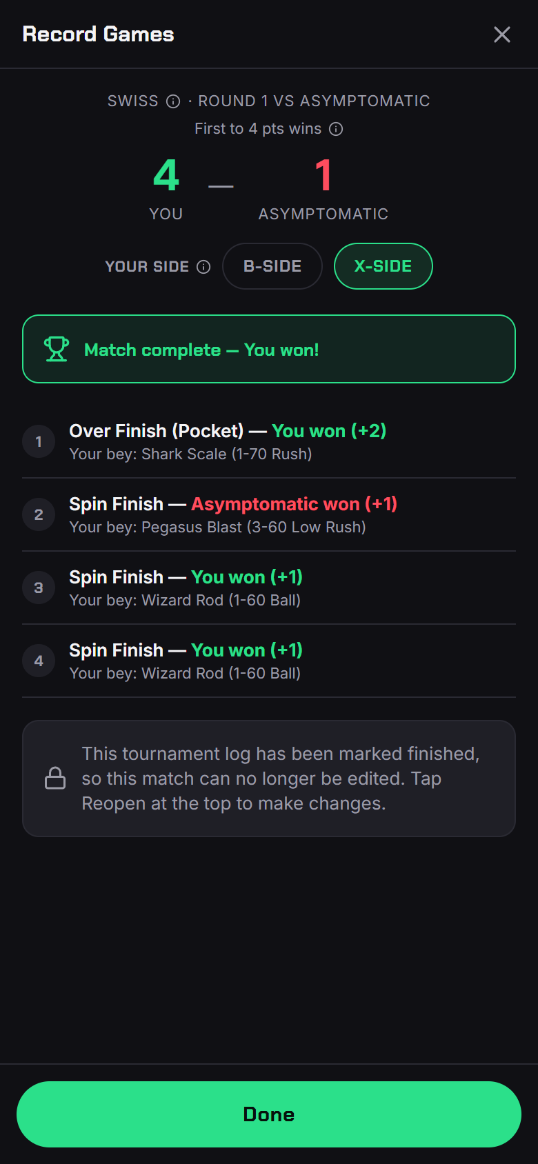 Record Games — clash-by-clash log with finish types, points, launcher side, and the match winner called automatically