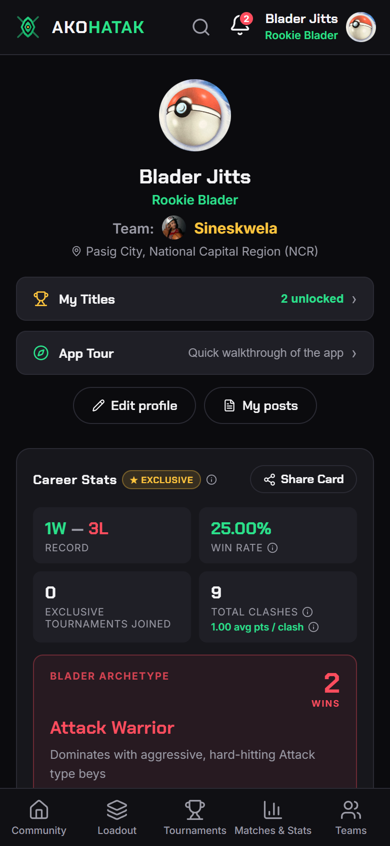 The Profile screen — avatar, equipped title, team, career stats, and Blader Archetype card