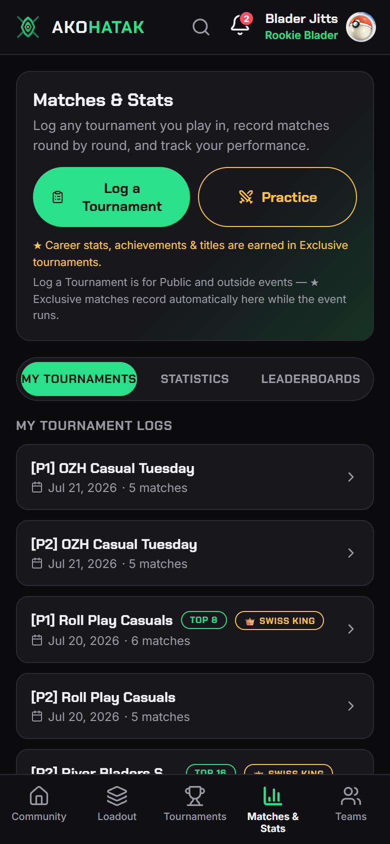 Matches & Stats — tournament logs with Top 8 and Swiss King badges, Log a Tournament and Practice buttons