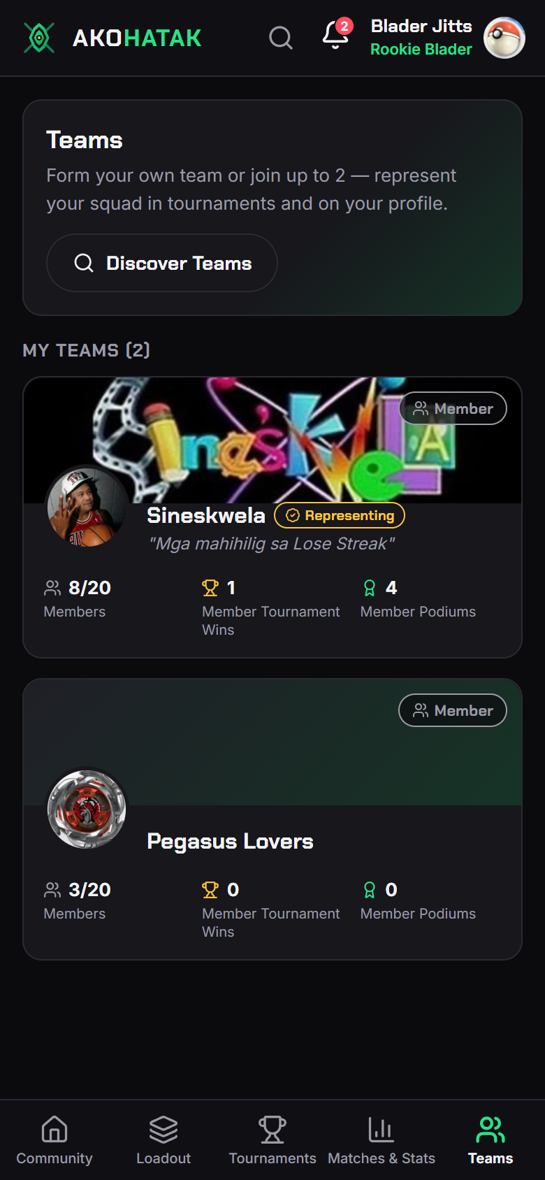 The Teams tab — two team cards with member counts, tournament wins, and podiums