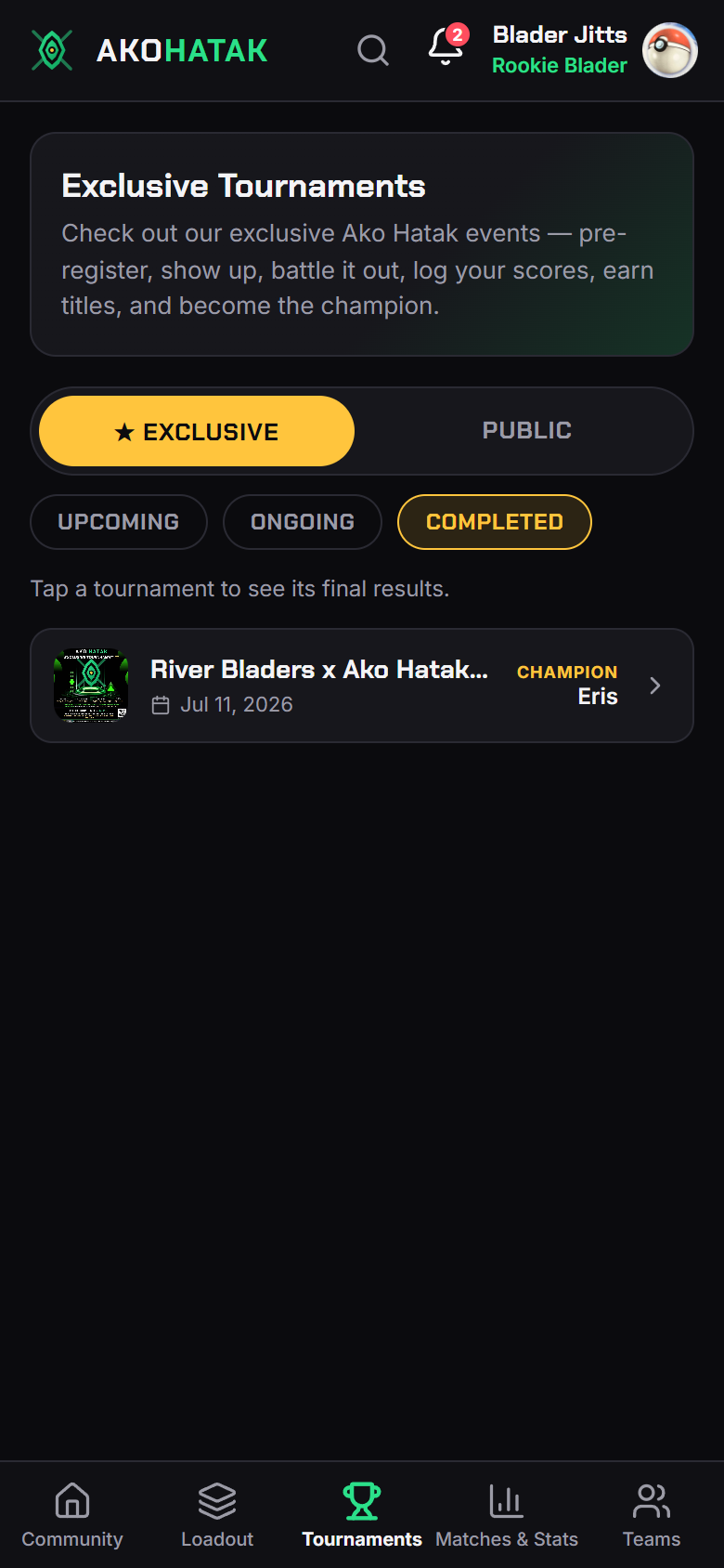 The Tournaments tab — Exclusive filter on Completed, showing a finished event with its champion