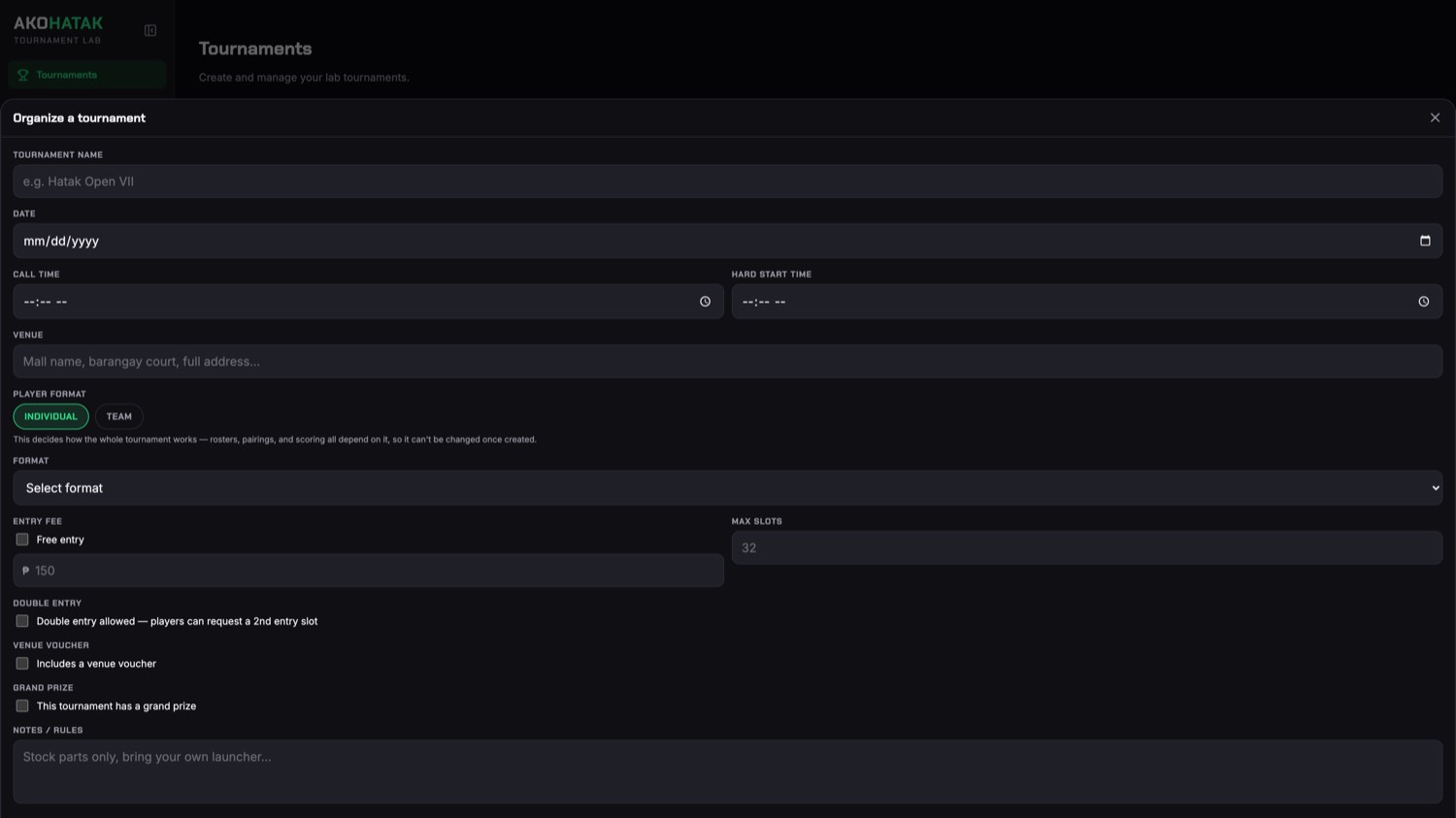 Create Tournament form in the Lab.