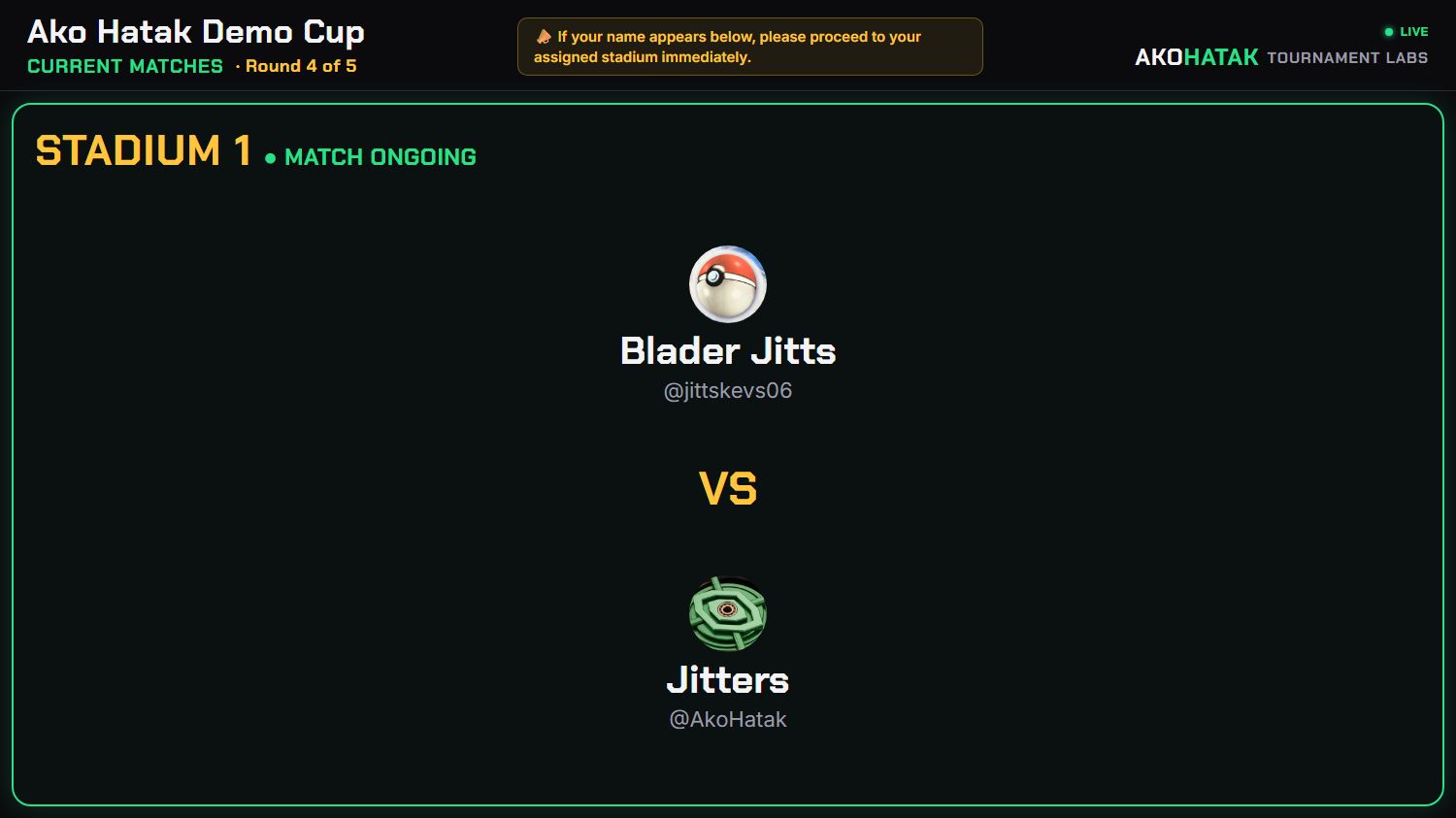 Venue screen showing who is playing on which stadium: Stadium 1, match ongoing, with both players' names.