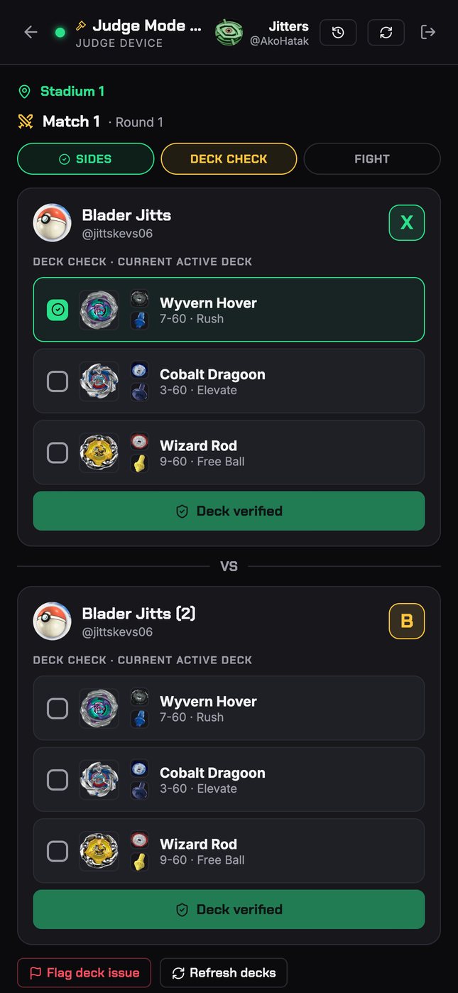 Judge device: deck check, ticking off each bey against the player's deck in the app.