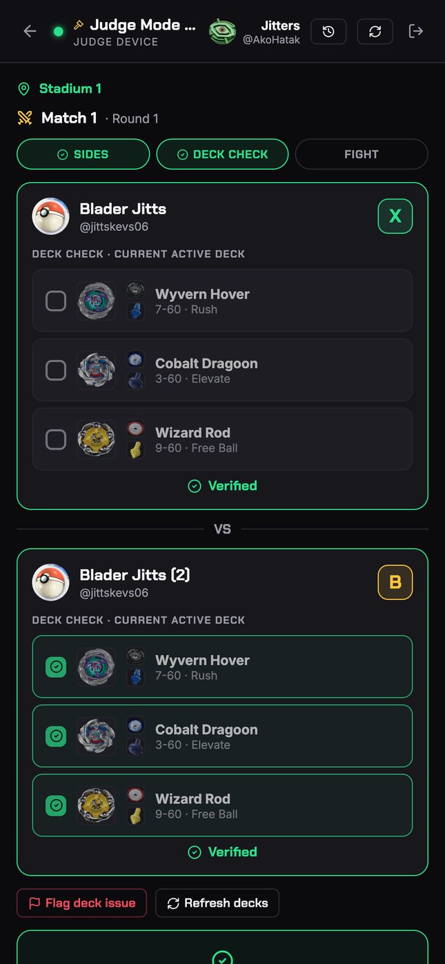 Judge device: both decks verified, ready to start the fight.