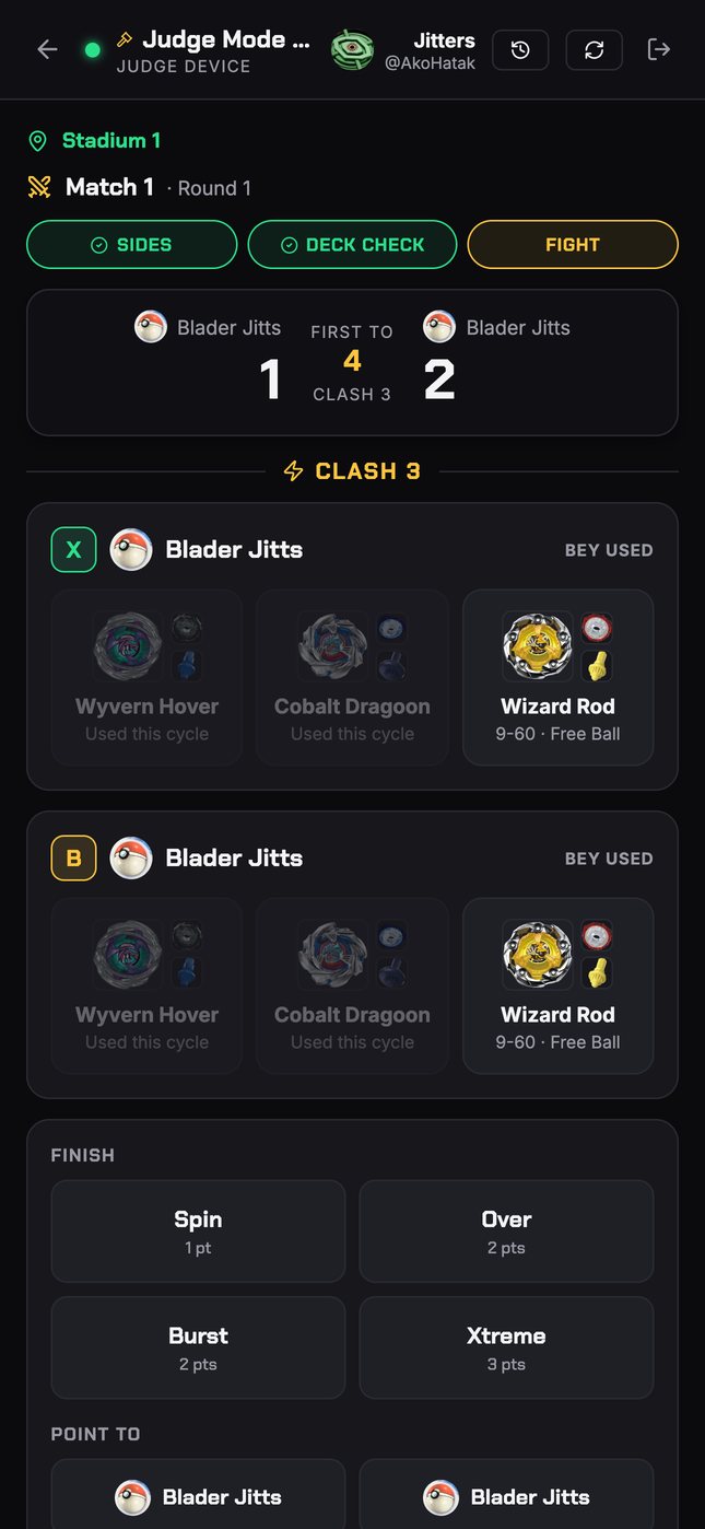 Judge device: running score and clash log after two clashes.