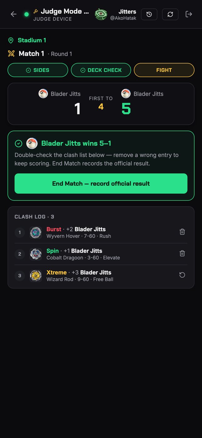 Judge device: match point reached, with the End Match button that records the official result.