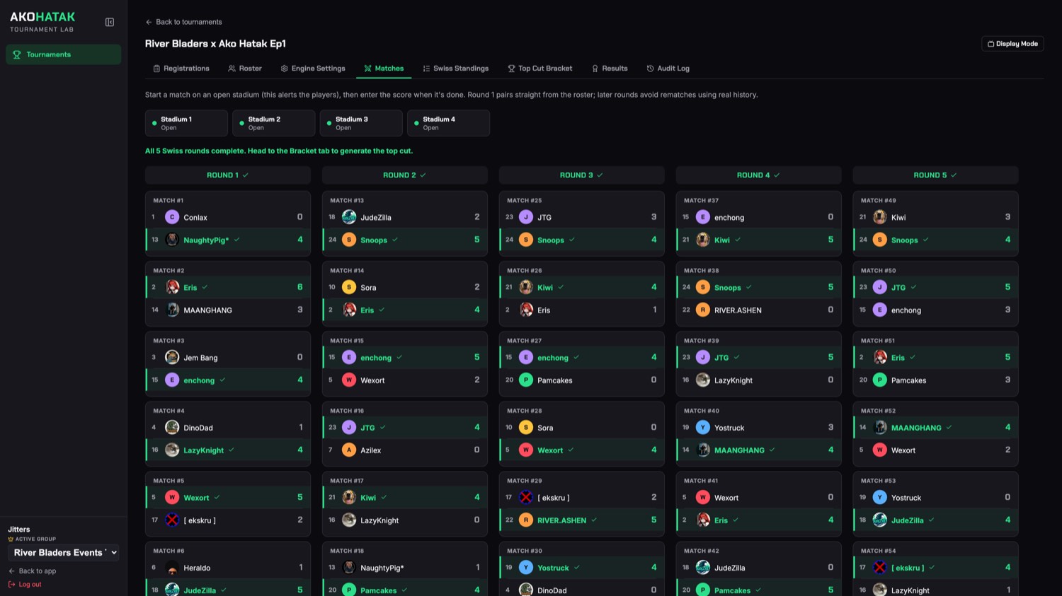Matches tab showing all five Swiss rounds side by side with scores and four stadium slots.