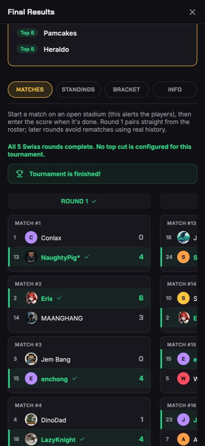 The same round on a player's phone, showing the match they have been paired into.