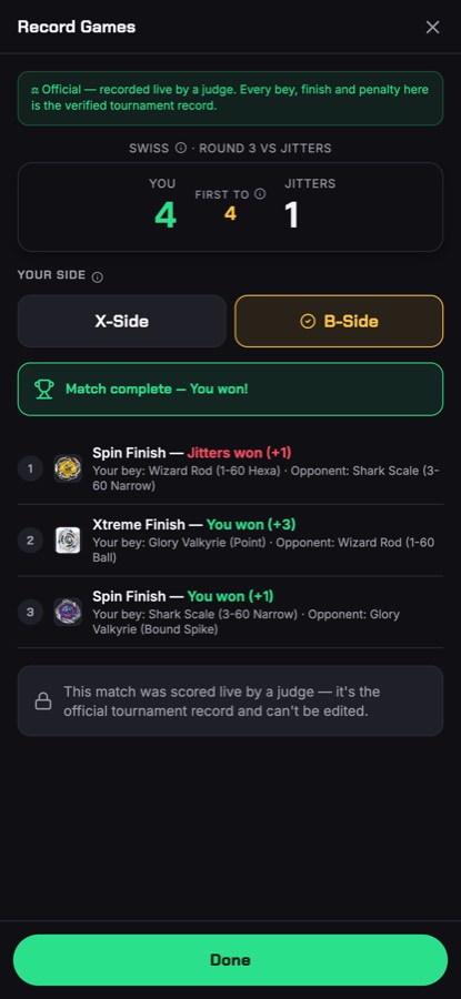 An official recorded match result on a player's phone.