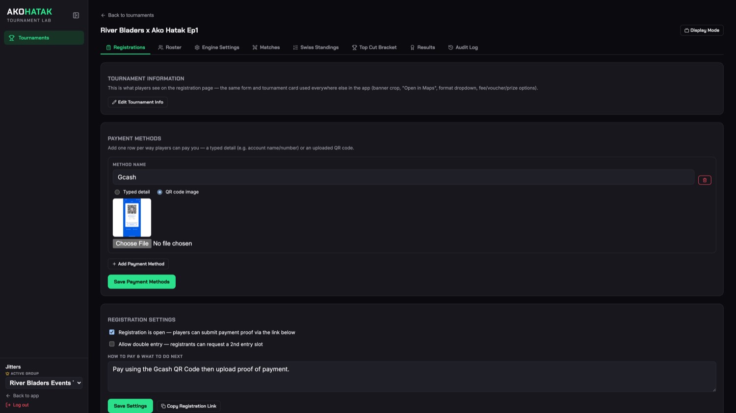 Registrations tab listing player entries awaiting approval.