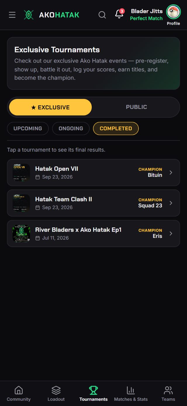 Completed Exclusive tournaments listed with their champions.