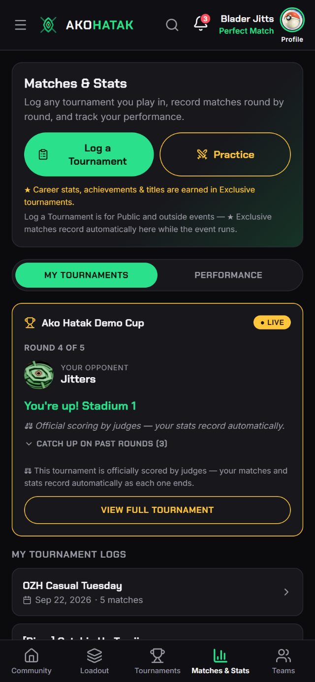 Matches and Stats tab with the Log a Tournament button and a live tournament card.