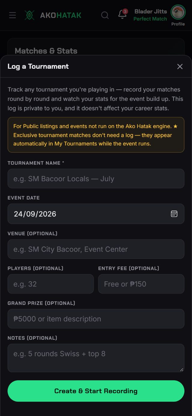 The Log a Tournament form — event name, date and venue.