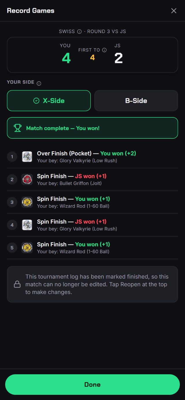 Record Games — a real match logged clash by clash with the finish type and the bey used for each point.