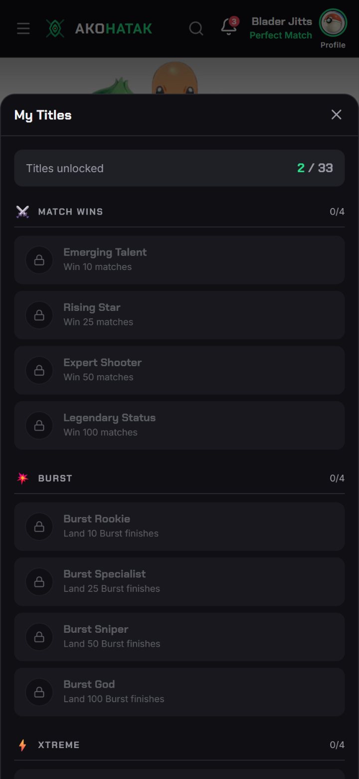 My Titles screen showing titles unlocked out of thirty-three, grouped by match wins, burst and xtreme.